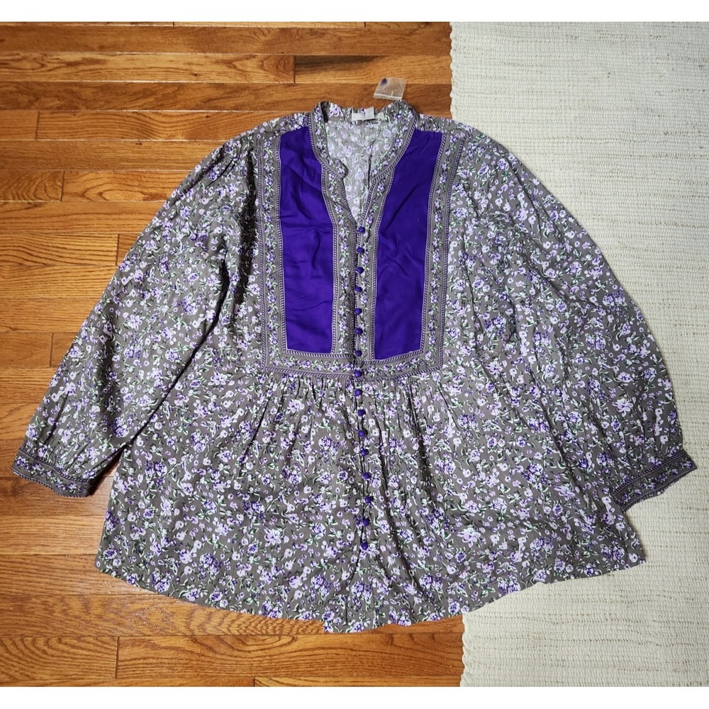 Woman Within Top 1X 22/24 Purple Floral Flowy Peasant Bohemian Cottage